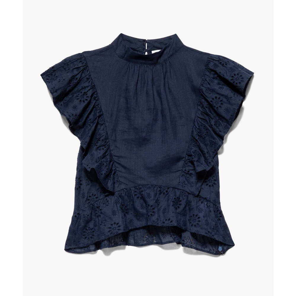 FRAME Navy Eyelet Ruffle Sleeve Top Womens Size Small Ramie - Picture 2 of 7